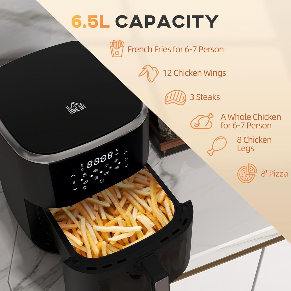 Air Fryer - 1500W 4 in 1 Air Fryer w/ Air Fry Bake Roast Dehydrator Function Cookbook 6.5L