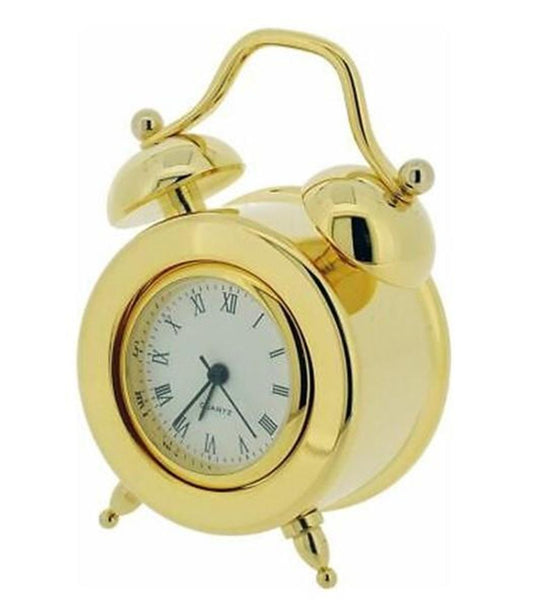 Miniature Clock Gold plated Double Bell Solid Brass IMP1041- CLEARANCE