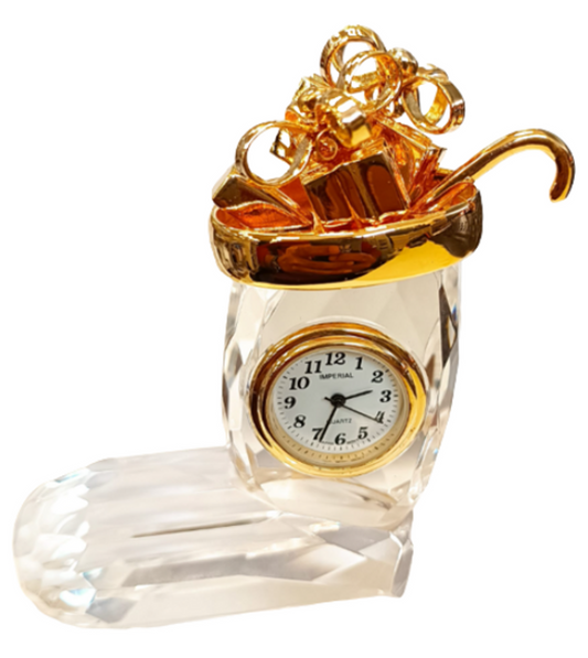 Miniature Clock Crystal Glass Christmas Stocking Gold Plated Metal Solid Brass IMP516 - CLEARANCE