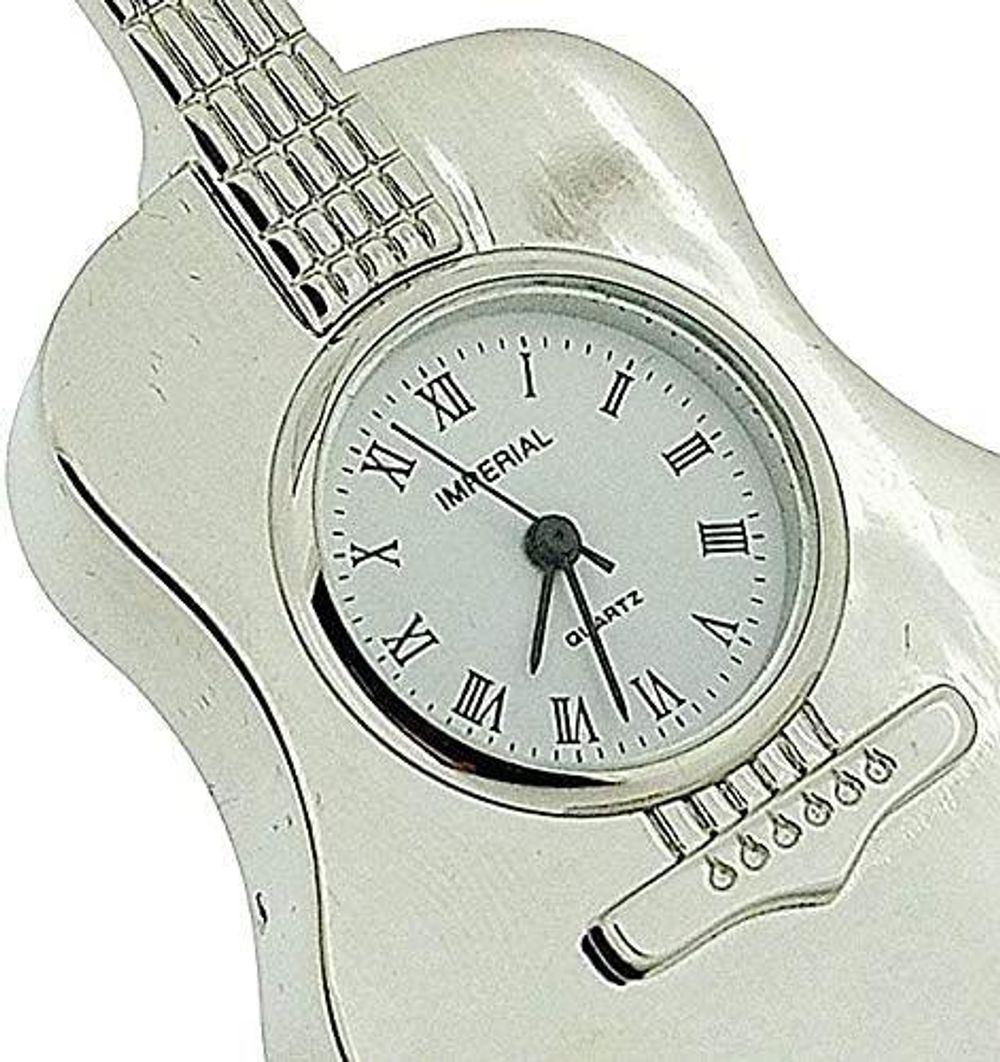 Miniature Clock Silver Standing Guitar Solid Brass IMP86S