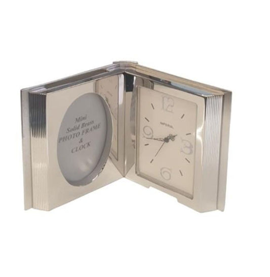 Miniature Clock Silvertone Photo Frame & Clock Solid Brass IMP100S - CLEARANCE