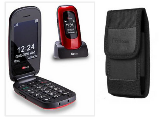 TT750 Lunar RED Flip Folding Dual Screen Big Button Mobile Phone & Dock Charger, CB4 Nylon Holster Case & Vodafone Sim Card