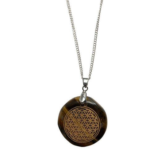 Necklace - Disc Pendant with Flower of Life Design, 3cm