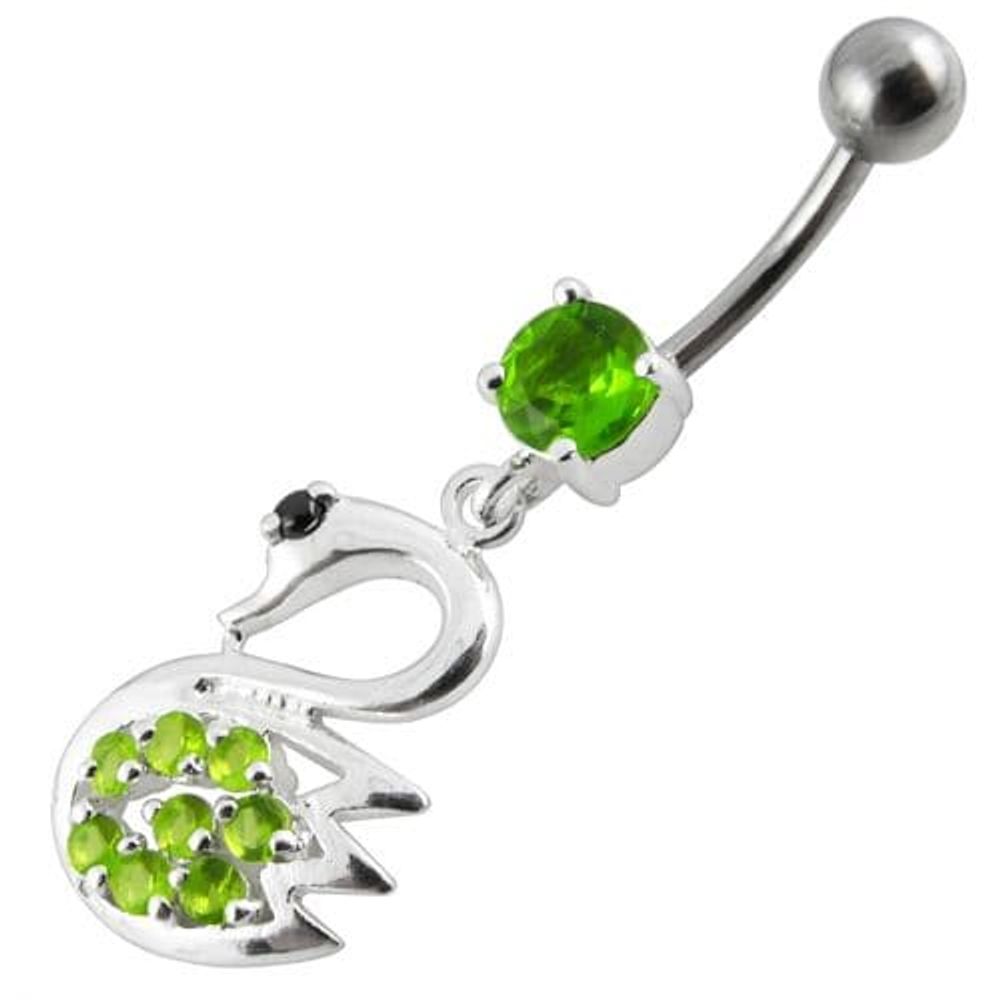 Fancy Jeweled Swan Silver Dangling Banana Bar Navel Body Ring