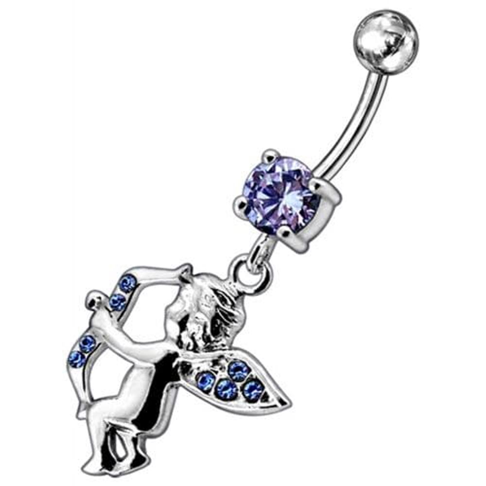 Jeweled Fancy Angel Silver Dangling SS Bar Curved Belly Ring