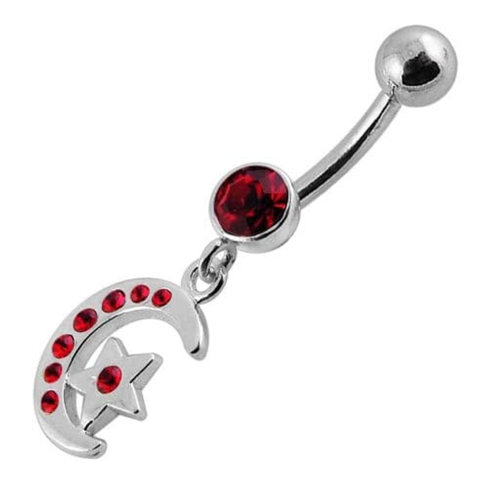 Jeweled Star Moon Fancy Silver Dangling SS Bananna Bar Belly Ring