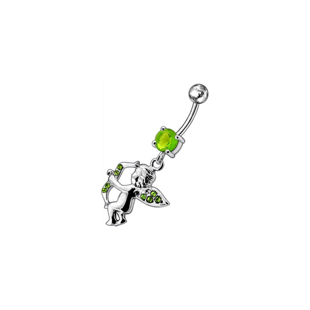 Jeweled Fancy Angel Silver Dangling SS Bar Curved Belly Ring