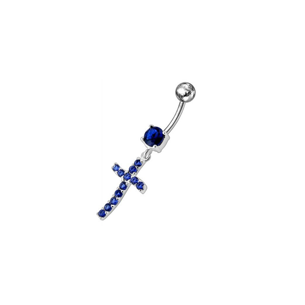 Sterling silver Jeweled Cross Dangling Navel Ring