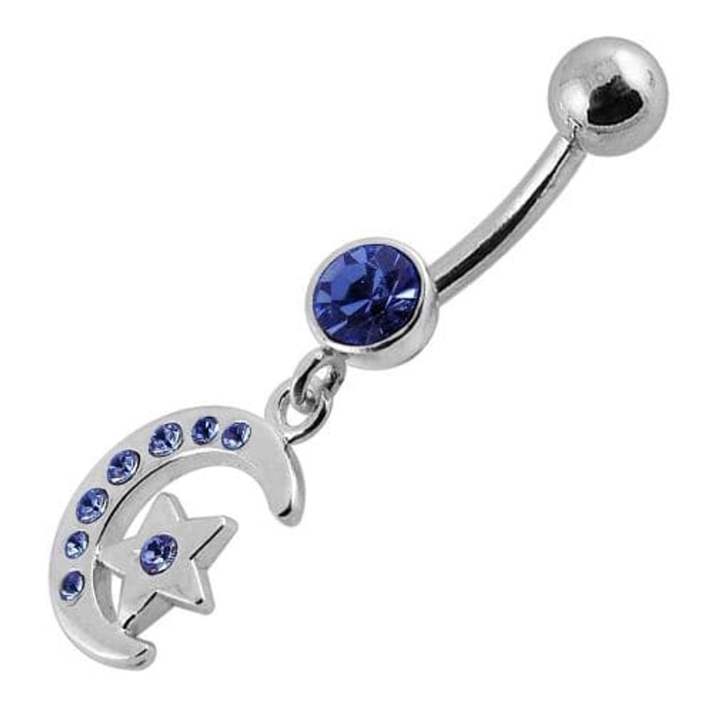 Jeweled Star Moon Fancy Silver Dangling SS Bananna Bar Belly Ring