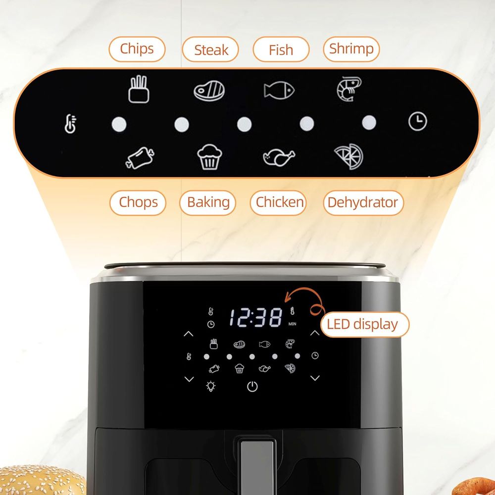 Air Fryer - 1500W 4 in 1 Air Fryer w/ Air Fry Bake Roast Dehydrator Function Cookbook 6.5L