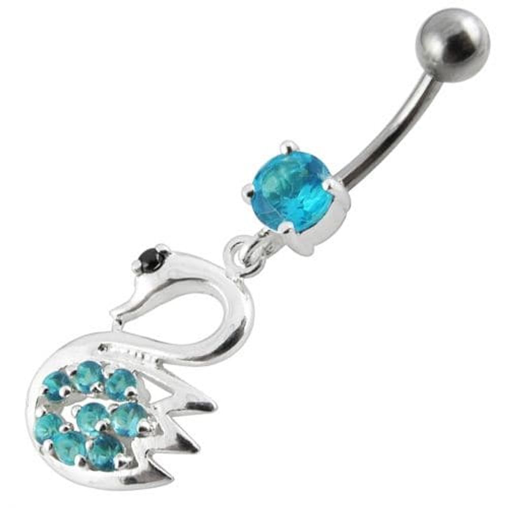 Fancy Jeweled Swan Silver Dangling Banana Bar Navel Body Ring