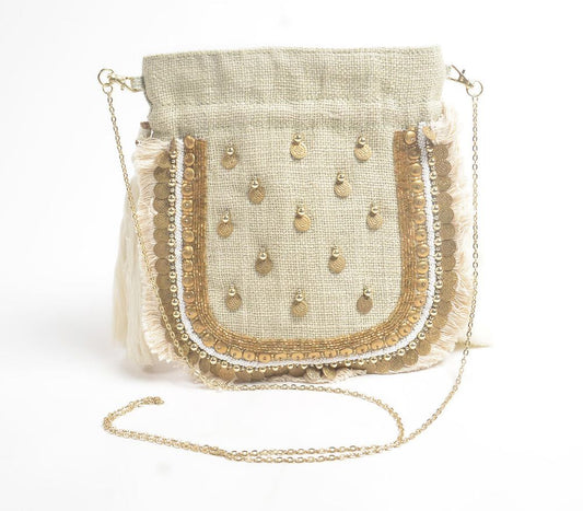 Metallic Embellished Jute Drawstring Bag