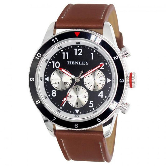 Men watch - Henley Men Multi Eye Black Dial With Brown Sports Large Leather Strap Watch H02219.2