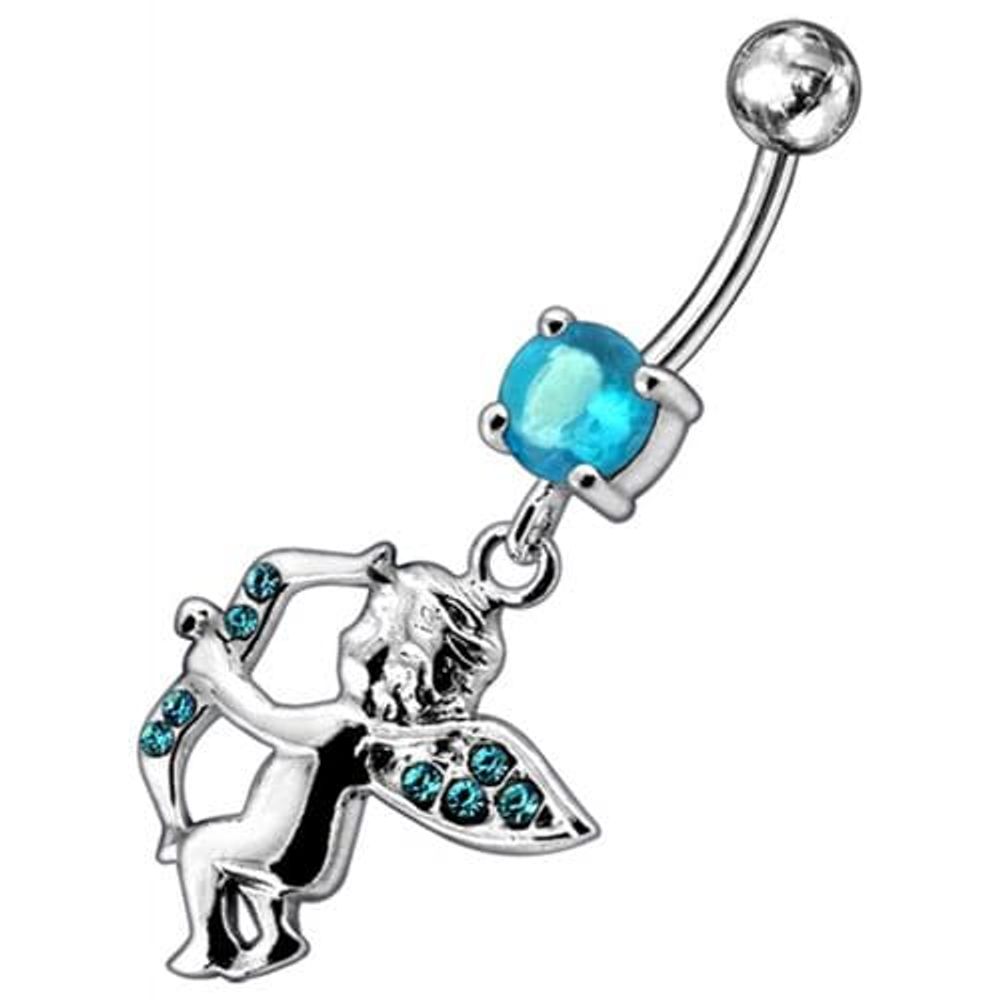 Jeweled Fancy Angel Silver Dangling SS Bar Curved Belly Ring