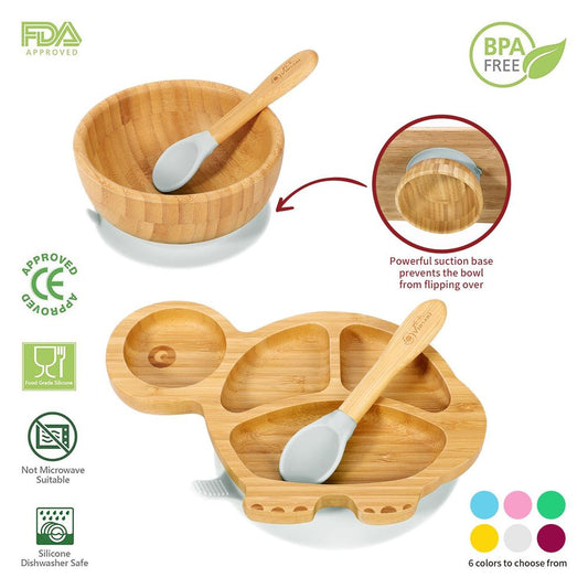 Bamboo Turtle Plate Bowl & Spoon Set Suction Bowl Stay-Put Design