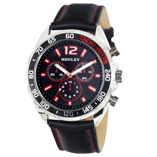 Men watch - Henley Men Multi Eye Red Dial With Black Sports Large Leather Strap Watch H02221.10