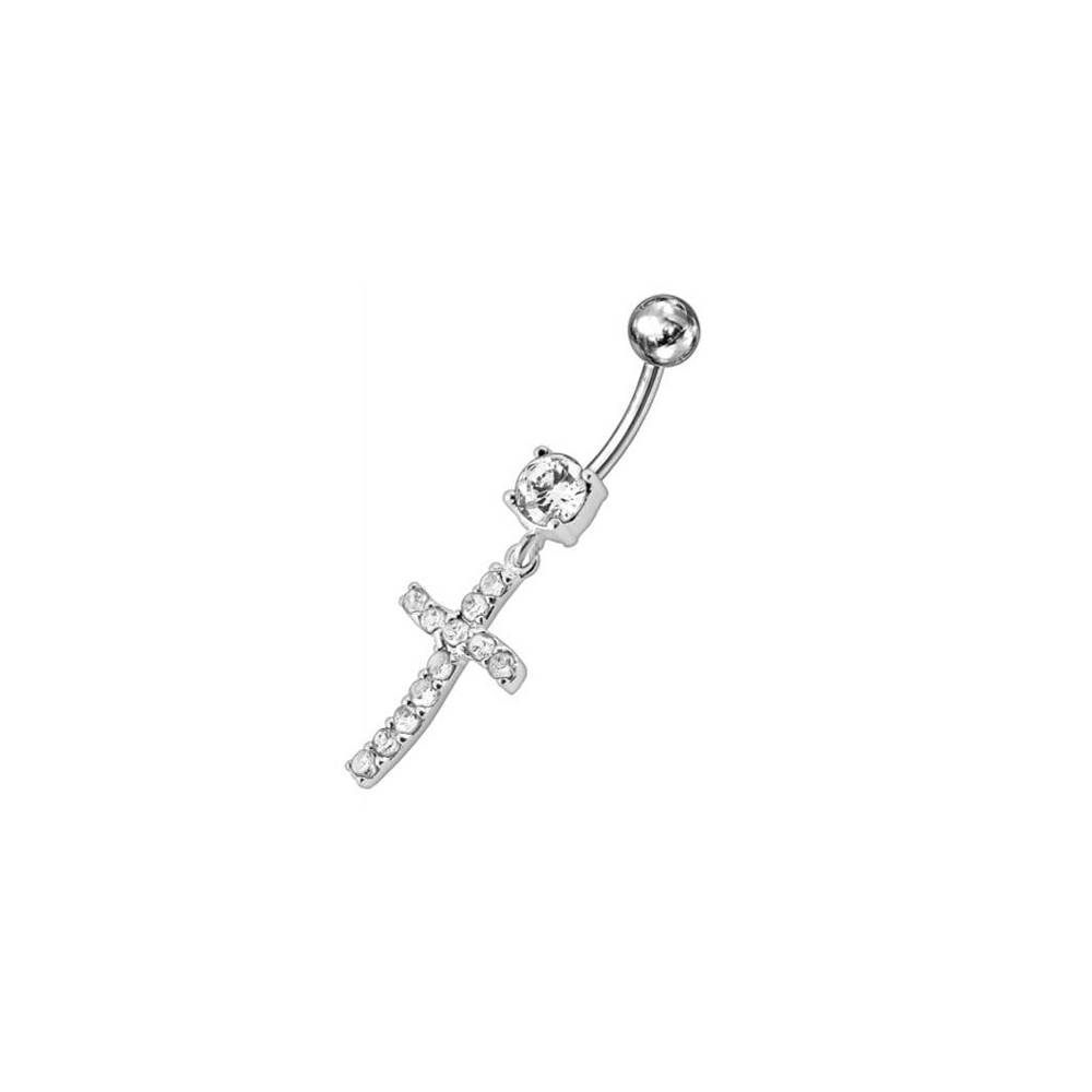 Sterling silver Jeweled Cross Dangling Navel Ring