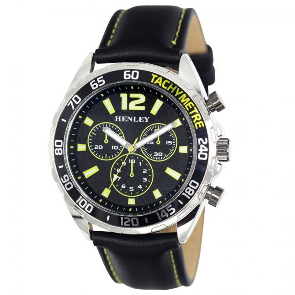 Men watch - Henley Men Multi Eye Green Dial With Black Sports Large Leather Strap Watch H02221.9