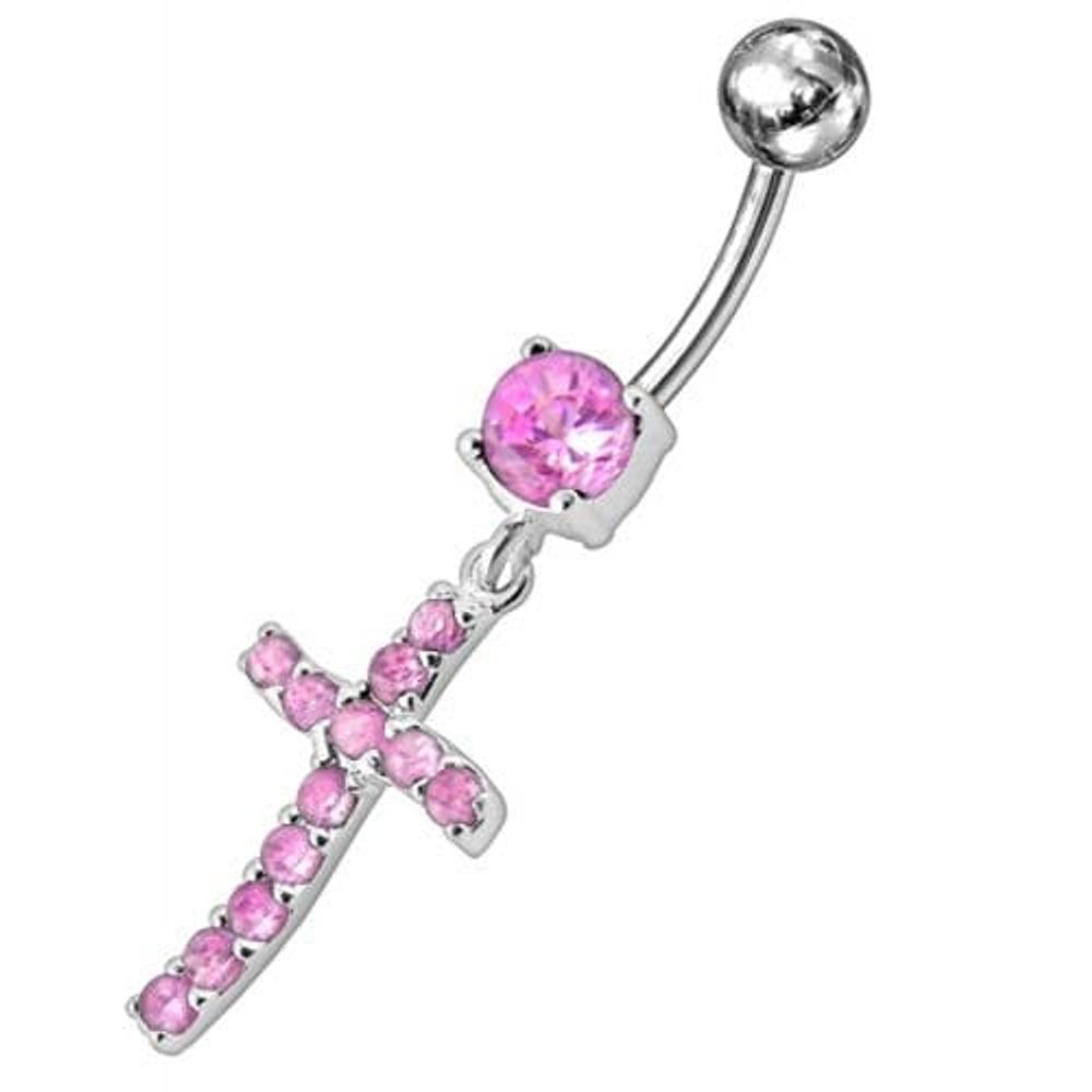 Sterling silver Jeweled Cross Dangling Navel Ring