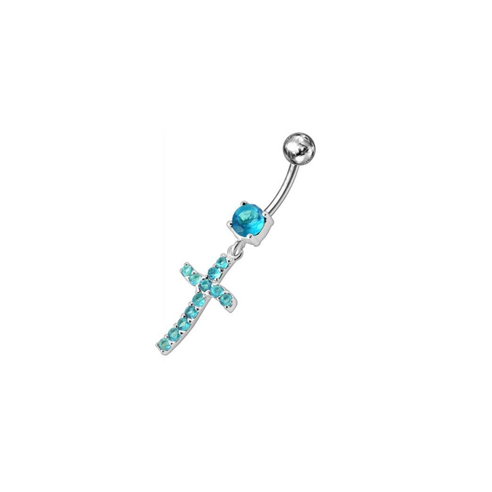 Sterling silver Jeweled Cross Dangling Navel Ring