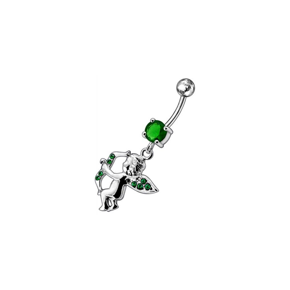 Jeweled Fancy Angel Silver Dangling SS Bar Curved Belly Ring