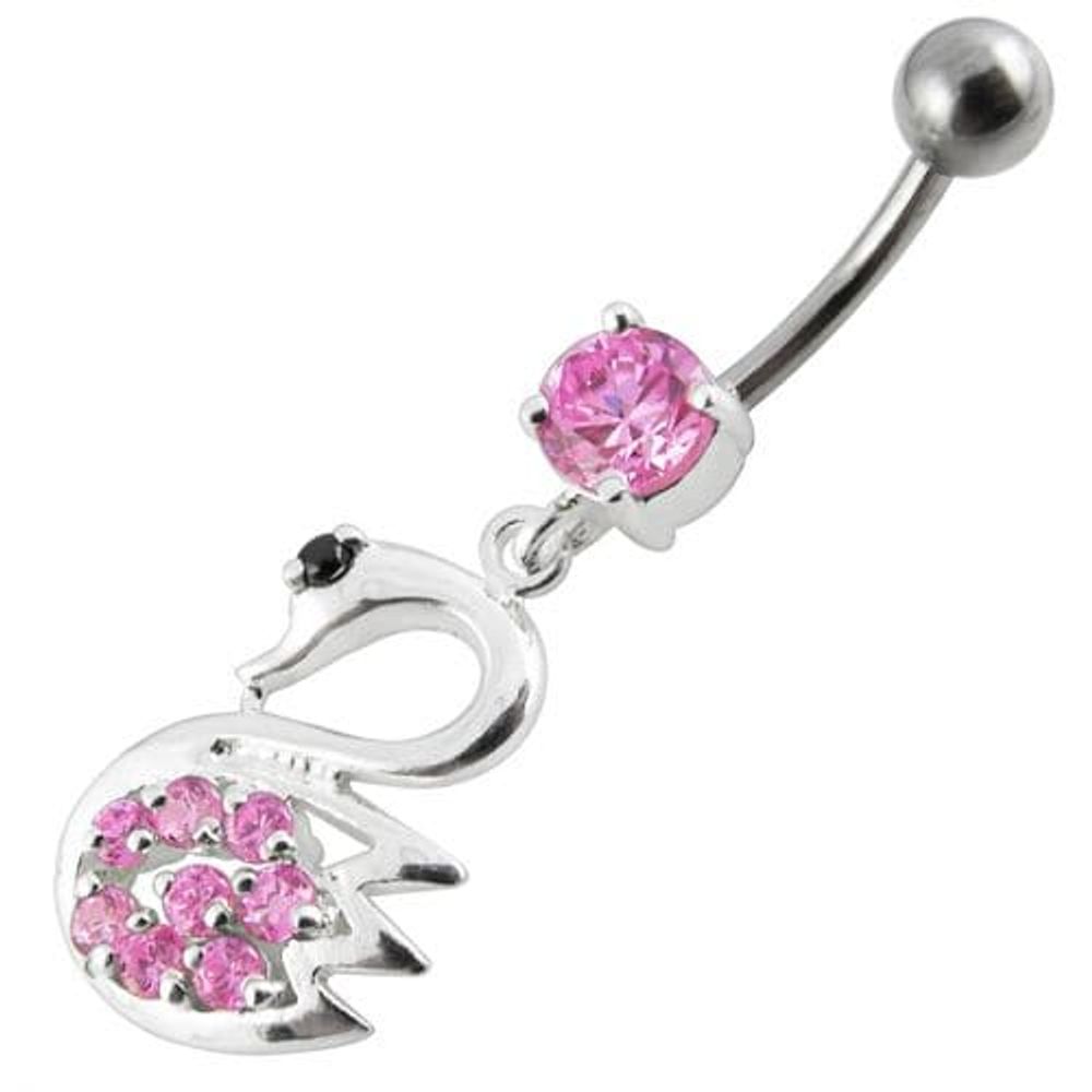 Fancy Jeweled Swan Silver Dangling Banana Bar Navel Body Ring