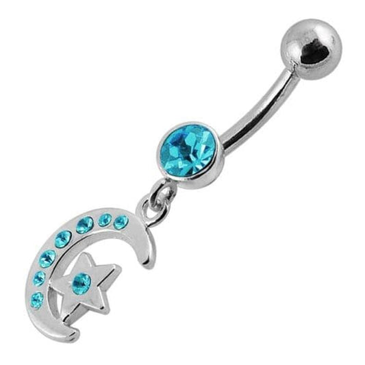 Jeweled Star Moon Fancy Silver Dangling SS Bananna Bar Belly Ring