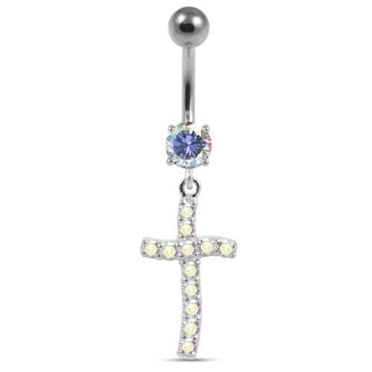 Sterling silver Jeweled Cross Dangling Navel Ring