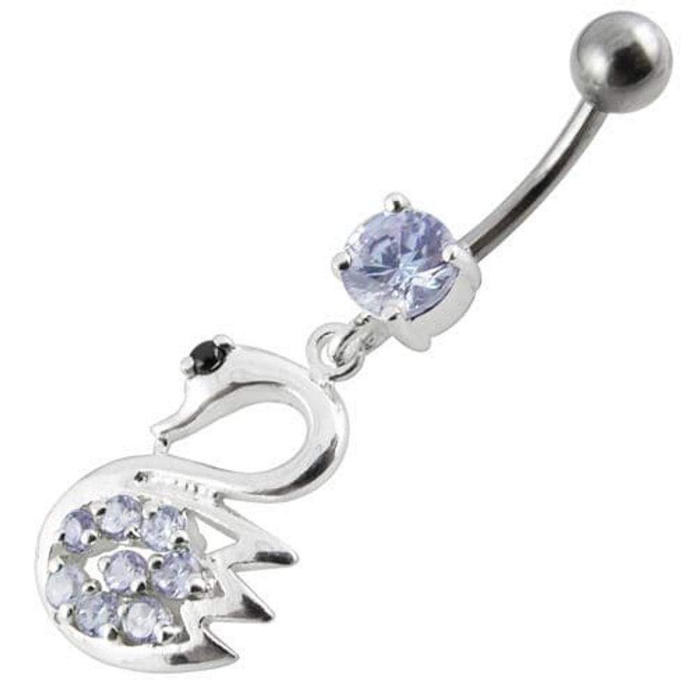 Fancy Jeweled Swan Silver Dangling Banana Bar Navel Body Ring