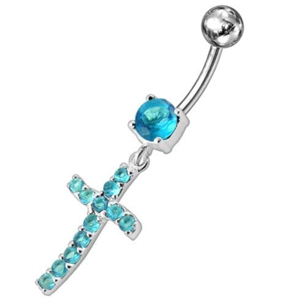 Sterling silver Jeweled Cross Dangling Navel Ring